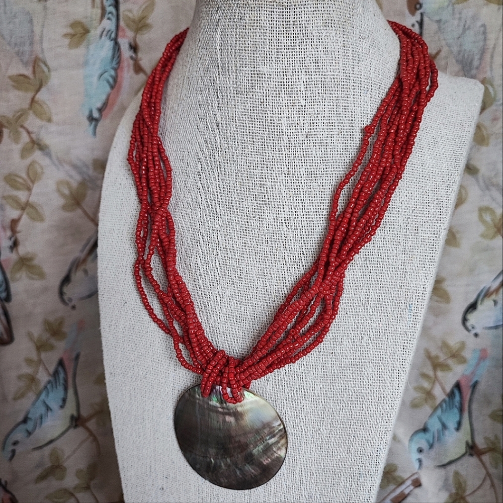 Iridescent Abalone Shell Dark Coral Color Tomato Seed Beads Wood Button Necklace